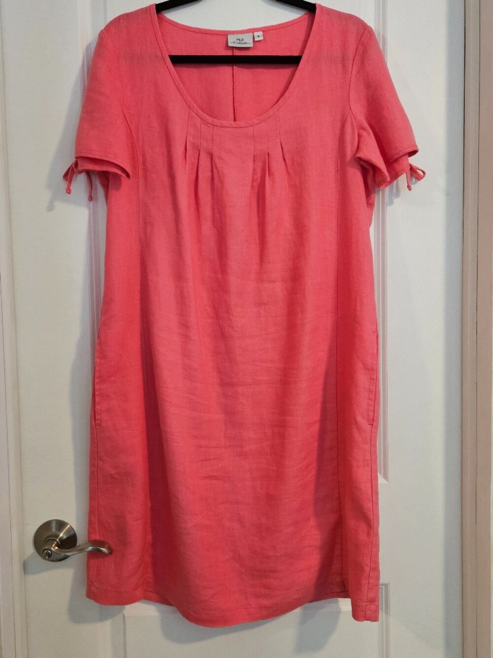 Hot Cotton Pink Shift Dress Small Tie Sleeve Pockets